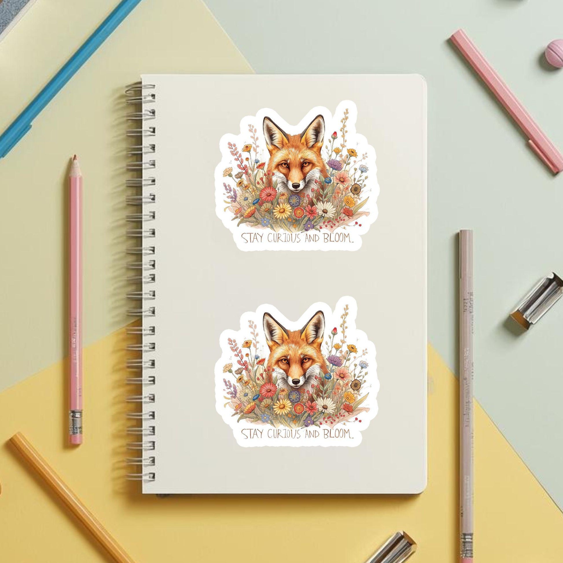 Stay Curious Fox in Wildflowers | Nature | White Gloss Vinyl | Die-Cut Sticker