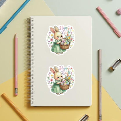 Happy Easter Bunny Spring Basket | Easter Decal | White Vinyl | Die-Cut Sticker