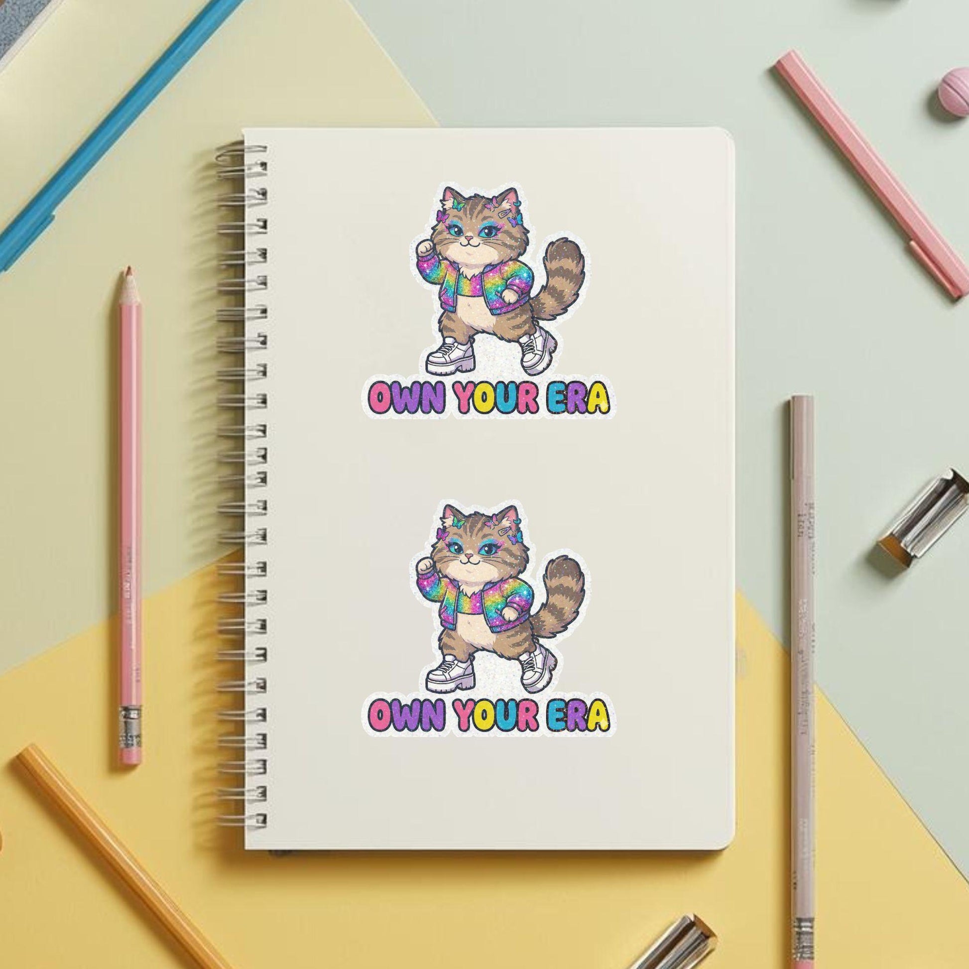 Own Your Era Fashion Cat | Pop Aesthetic | Glitter Vinyl | Die-Cut Sticker