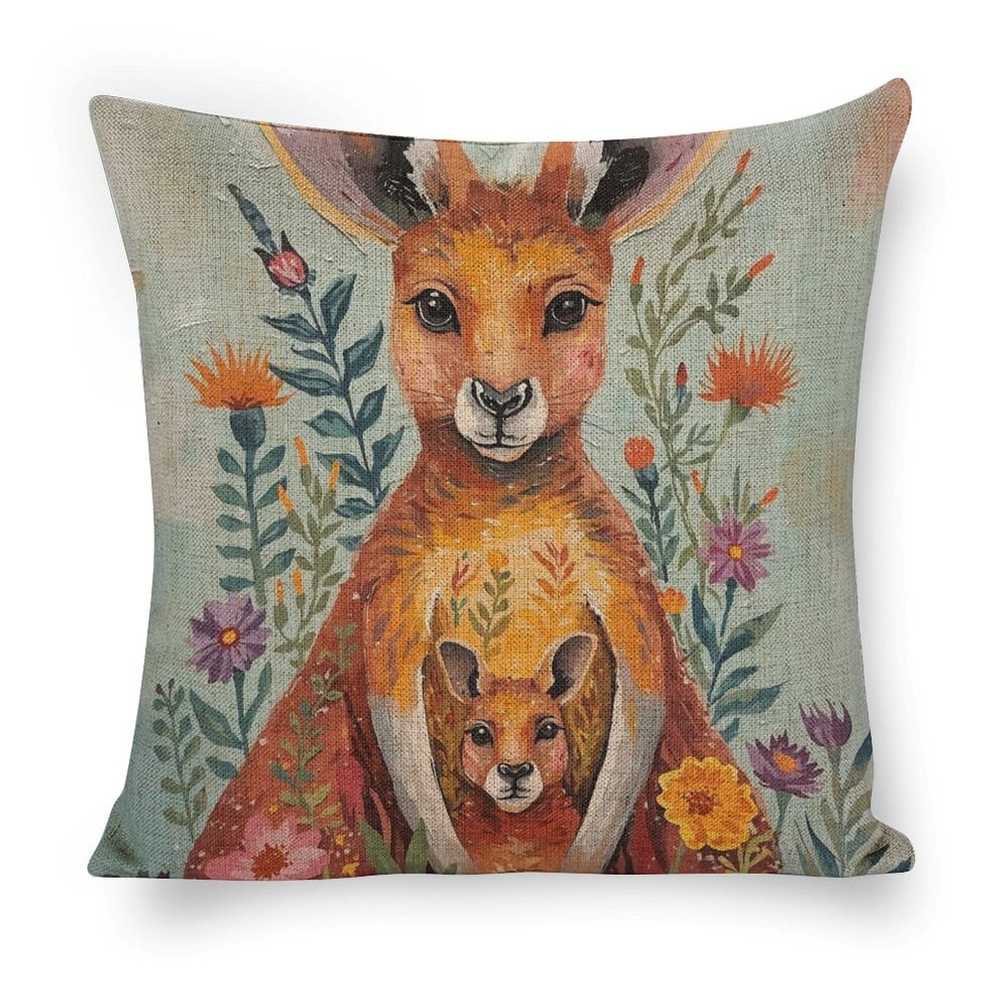 Kangaroo & Joey Australian Wildflower Watercolour Cushion Cover — US-Made, Single-Sided Print, 45×45cm