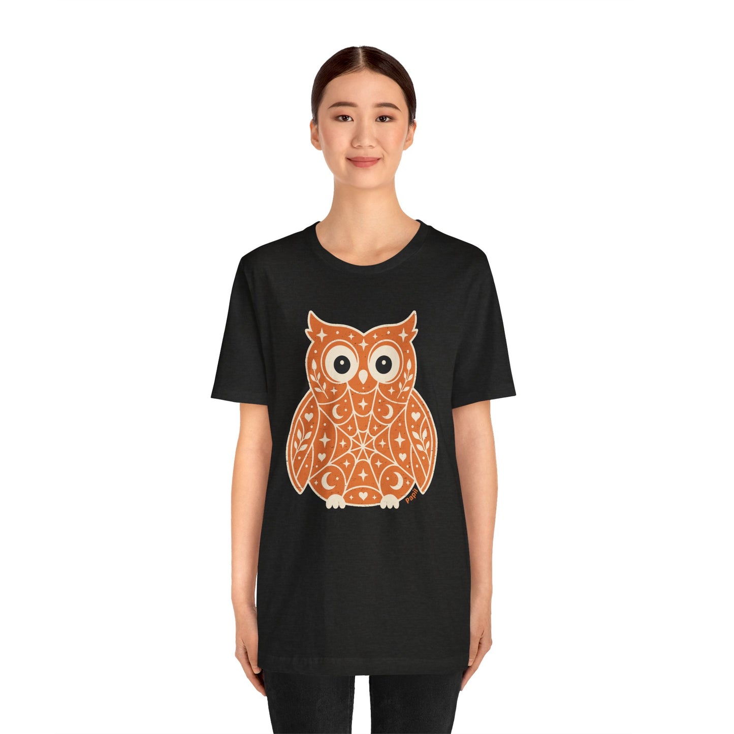 Enchanted Owl Halloween Tee, Whimsical Woodland Graphic (Orange)