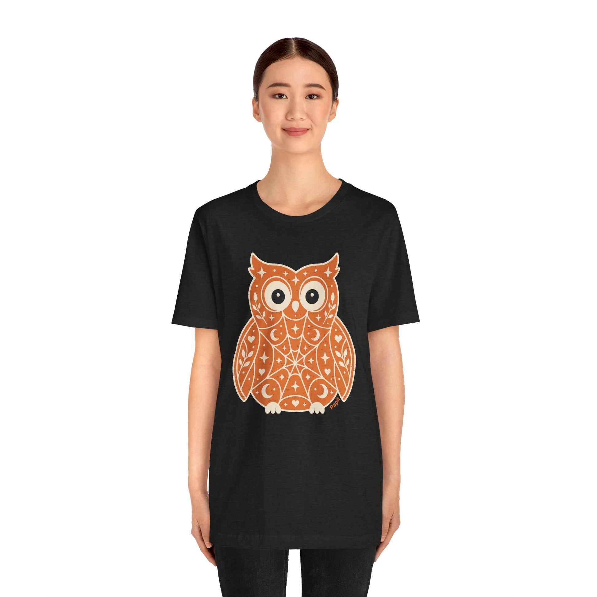 Enchanted Owl Halloween Tee, Whimsical Woodland Graphic (Orange)