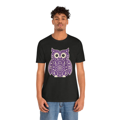 Enchanted Owl Halloween Tee, Whimsical Woodland Graphic (Purple)