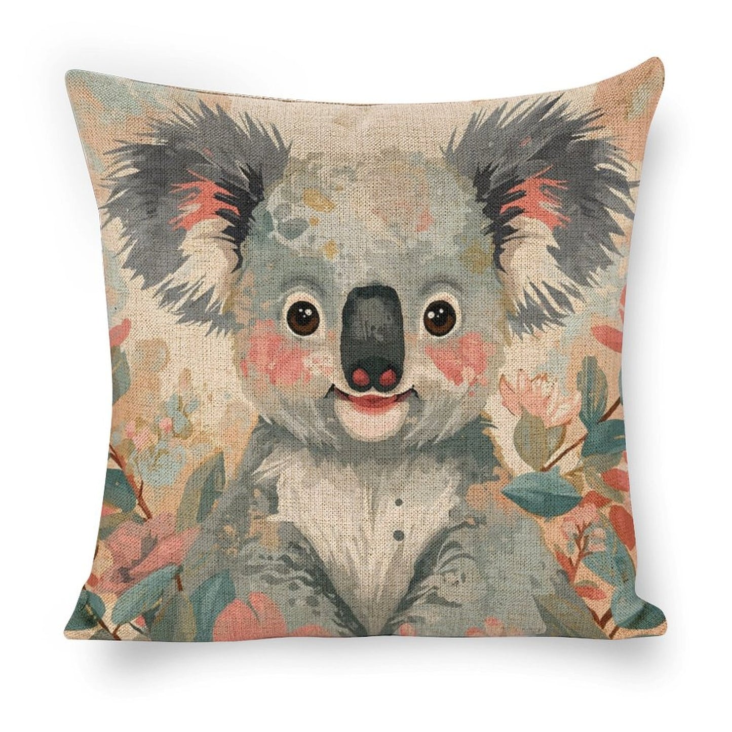 Koala in Bloom Dreamy Watercolour Cushion Cover — US-Made, Single-Sided Print, 45×45cm