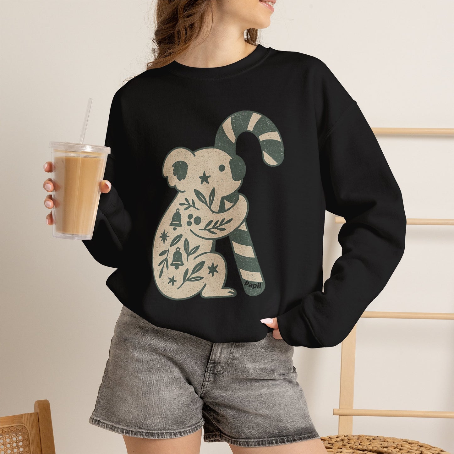 Koala Candy Cane Crewneck Christmas Sweatshirt — Whimsical Floral Australian Koala Holiday Sweatshirt
