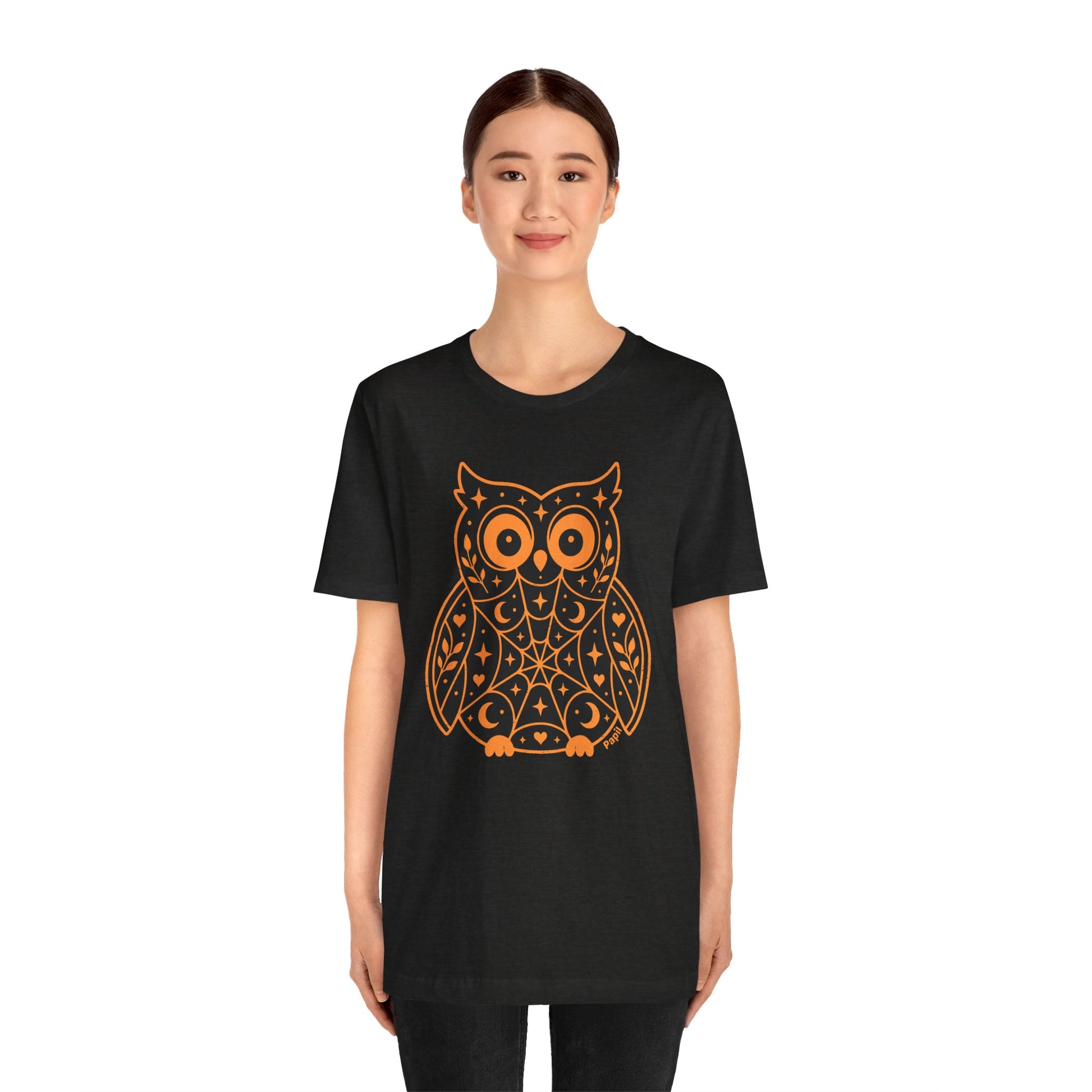 Enchanted Owl Halloween Tee, Whimsical Woodland Graphic (Black)