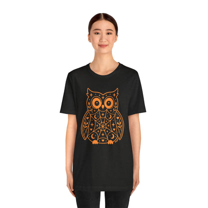 Enchanted Owl Halloween Tee, Whimsical Woodland Graphic (Black)