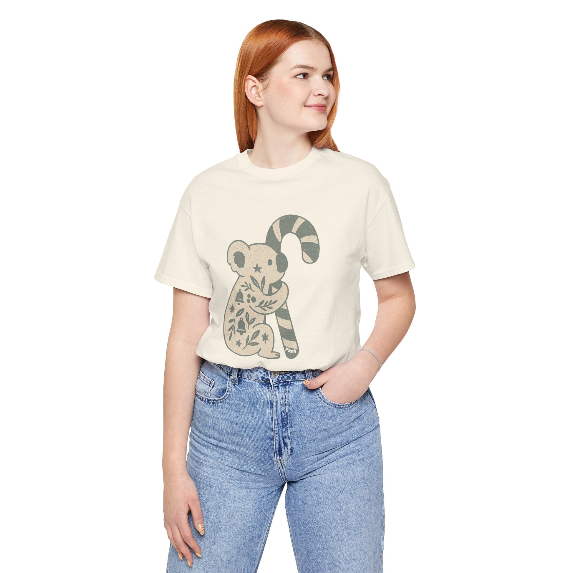 Floral Koala with Candy Cane Christmas Tee | Botanical Animal Woodland T-Shirt