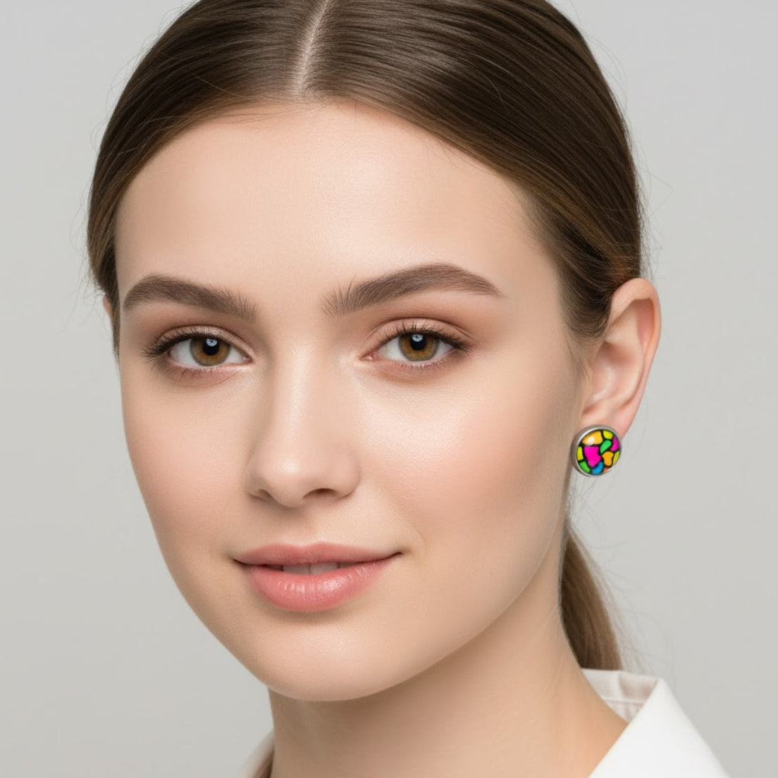 Colourful Stained Glass Style Stud Earrings – Vibrant Rainbow Pattern, Stainless Steel