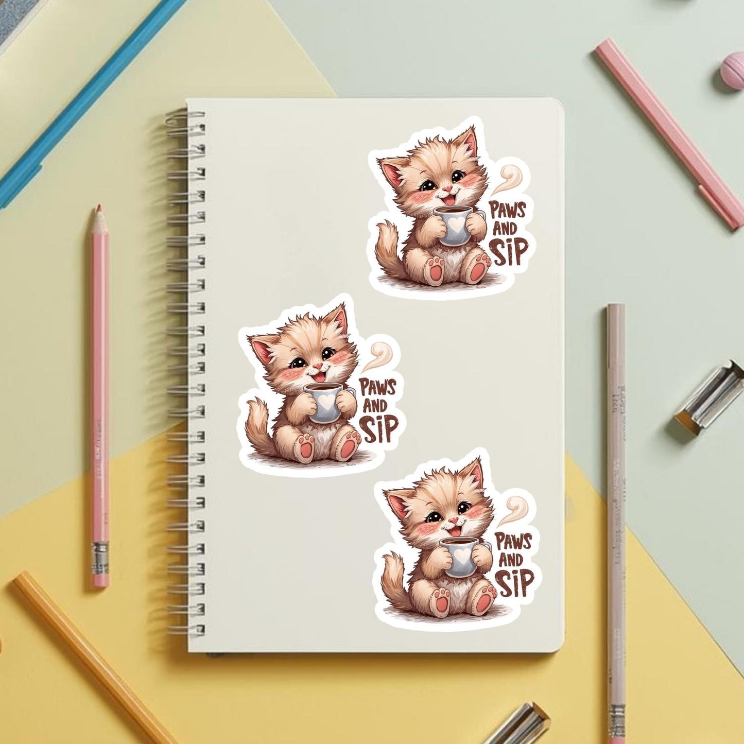 Paws and Sip Cat Coffee | Cozy Aesthetic | White Gloss Vinyl | Die-Cut Sticker