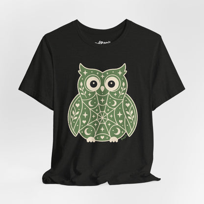 Enchanted Owl Halloween Tee, Whimsical Woodland Graphic (Green)