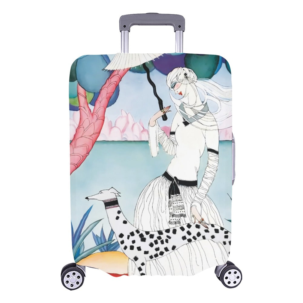 Art Nouveau Lady & Spotted Hound Luggage Cover | Whimsical Illustrated Travel Protector | Stylish Suitcase Cover Extra Large (28"-30"）