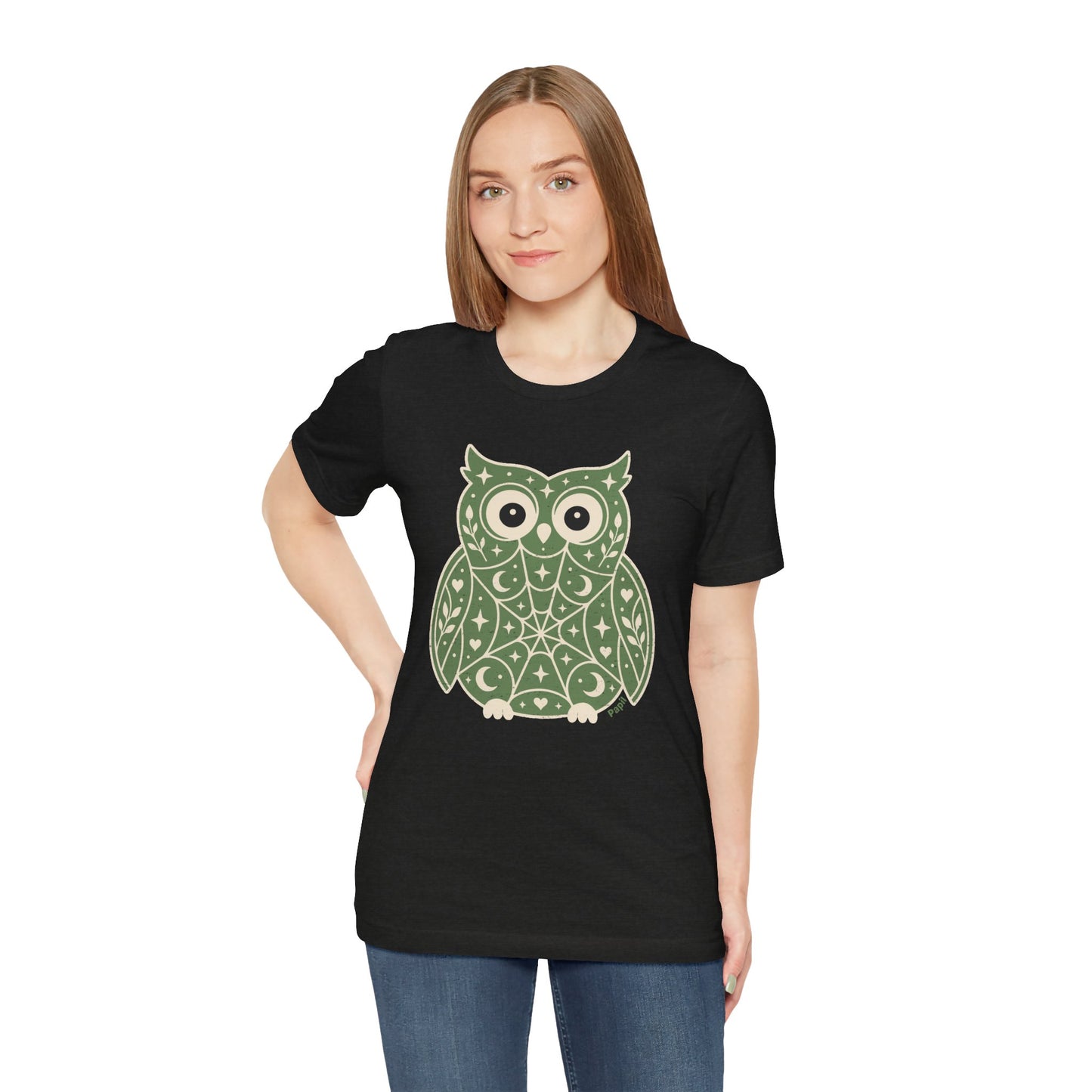Enchanted Owl Halloween Tee, Whimsical Woodland Graphic (Green)