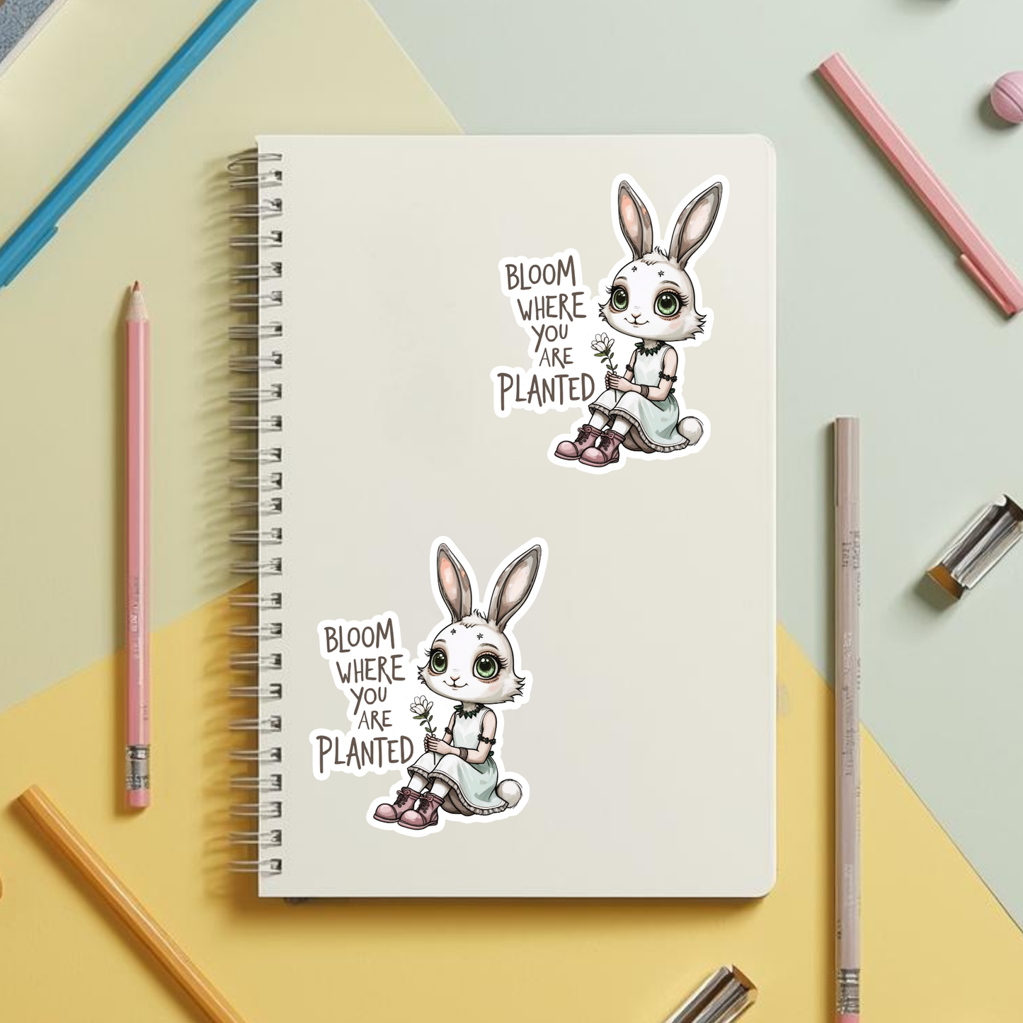 Bloom Where You Are Planted Bunny | Positive | White Gloss Vinyl | Die-Cut Sticker