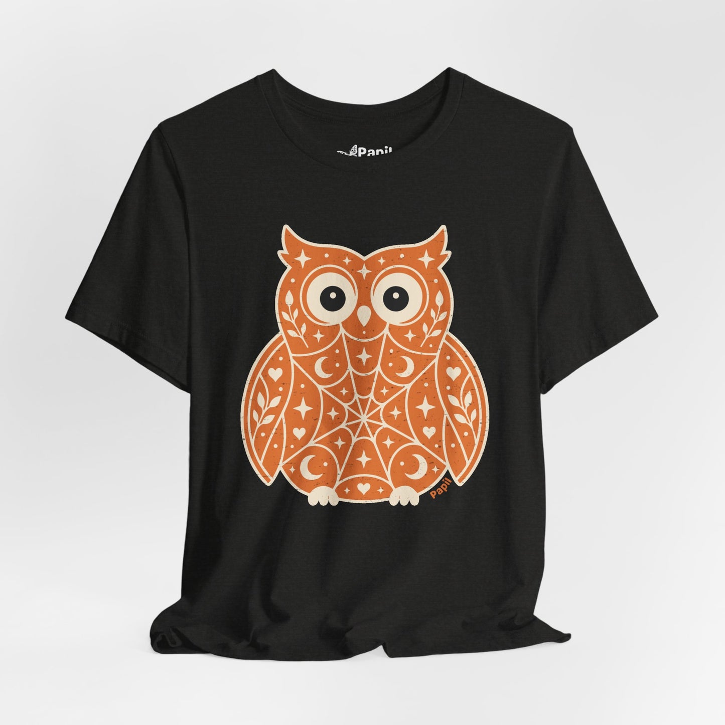 Enchanted Owl Halloween Tee, Whimsical Woodland Graphic (Orange)