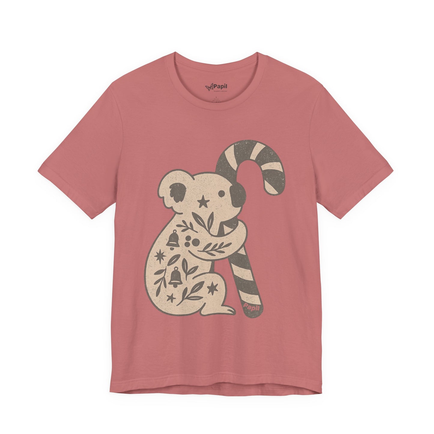 Koala Candy Cane Christmas Unisex T-Shirt — Cute Floral Koala Australian Holiday Tee Mauve