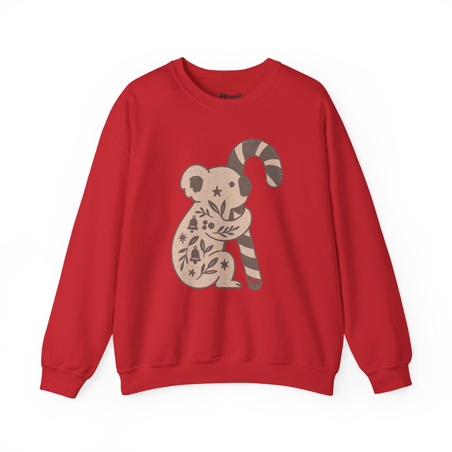 Koala Candy Cane Crewneck Christmas Sweatshirt — Whimsical Floral Australian Koala Holiday Sweatshirt Red
