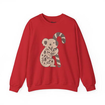 Koala Candy Cane Crewneck Christmas Sweatshirt — Whimsical Floral Australian Koala Holiday Sweatshirt Red