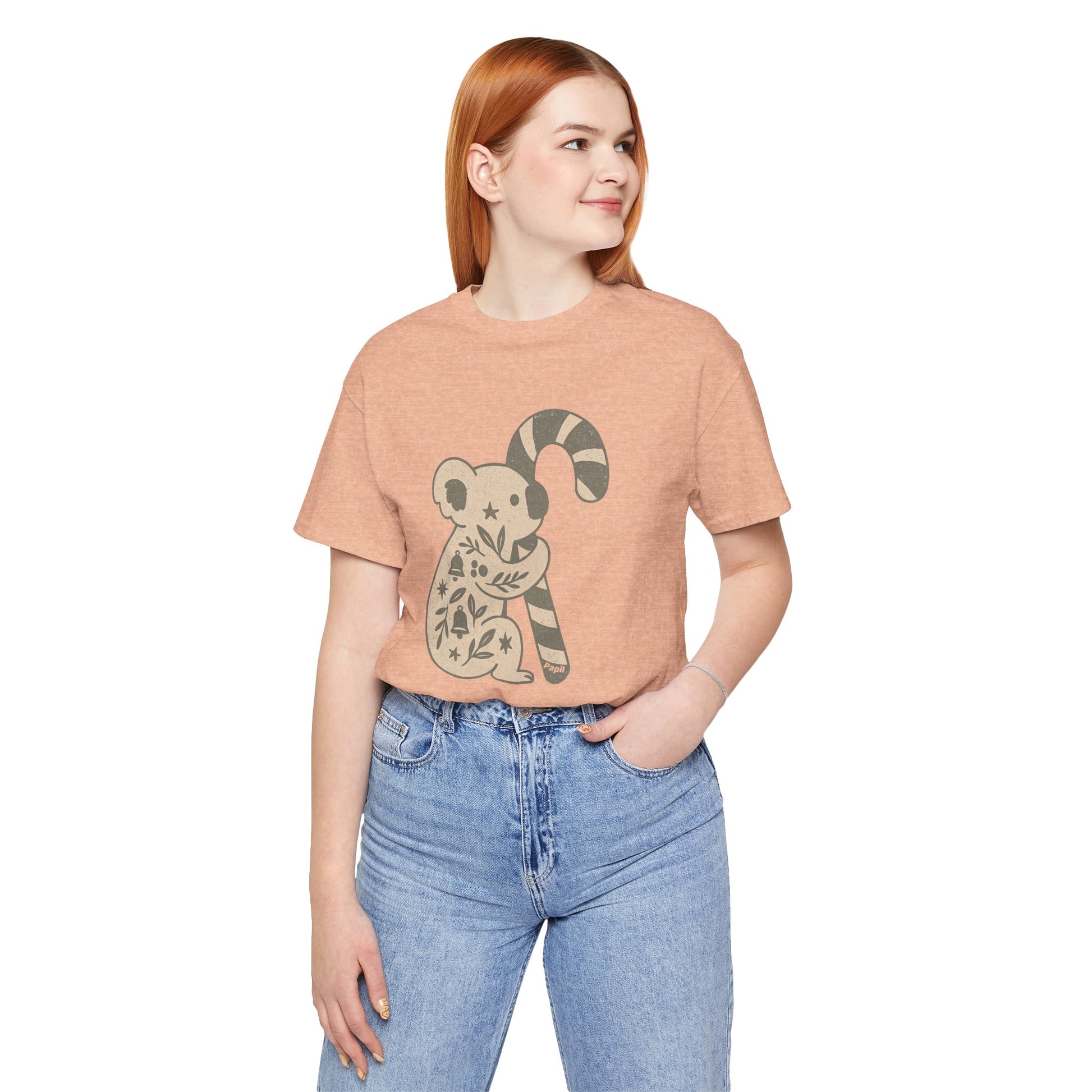 Floral Koala with Candy Cane Christmas Tee | Botanical Animal Woodland T-Shirt