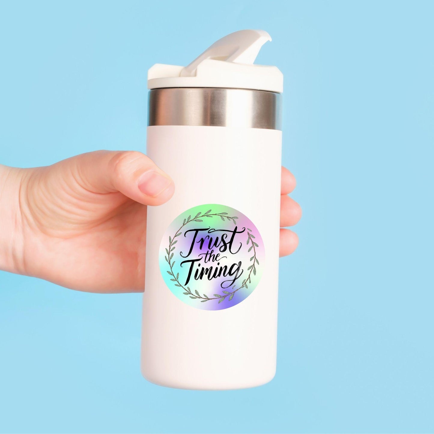 Trust the Timing Rainbow Quote | Leafy Wreath | Holographic Foil | Kiss-Cut Sticker