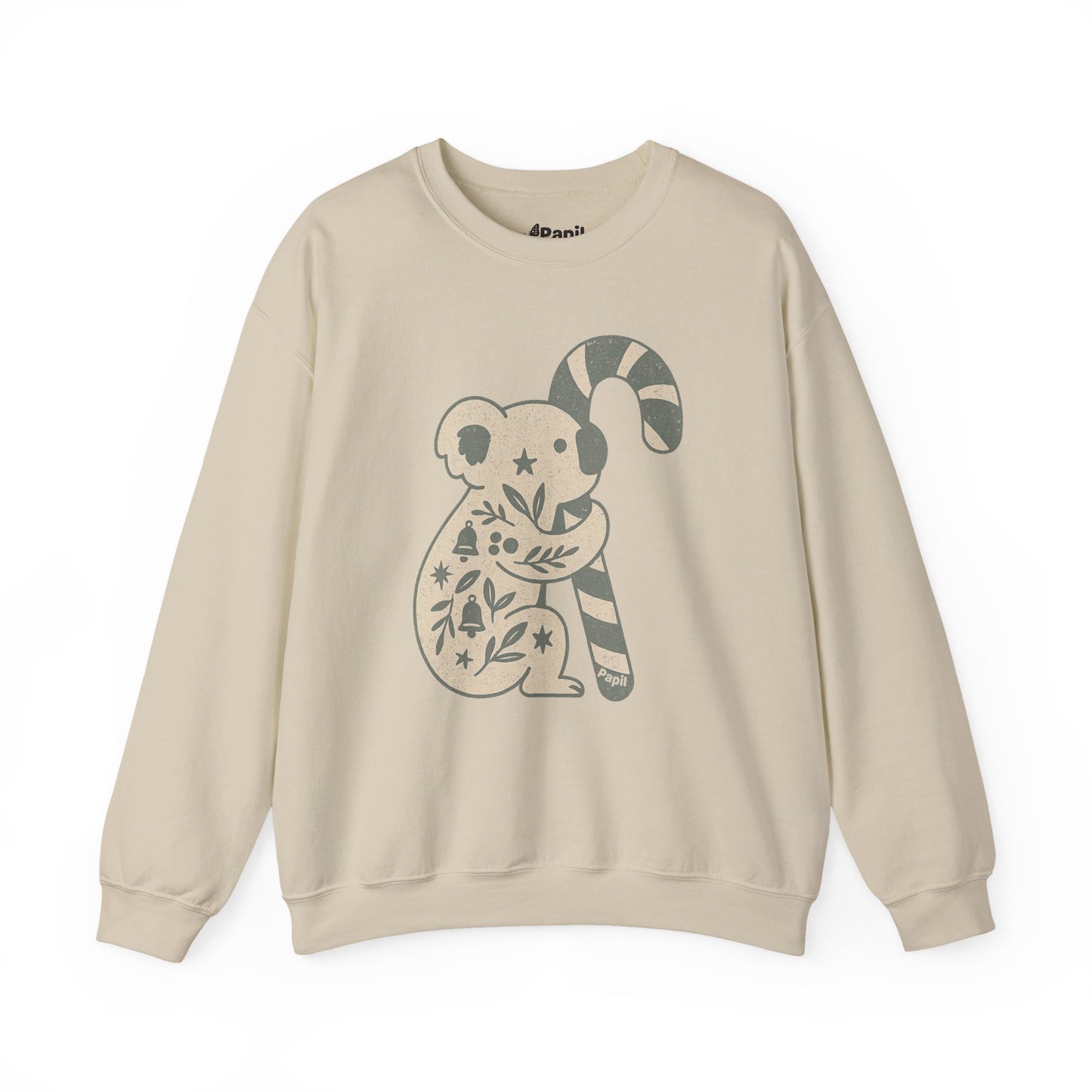 Koala Candy Cane Crewneck Christmas Sweatshirt — Whimsical Floral Australian Koala Holiday Sweatshirt Sand