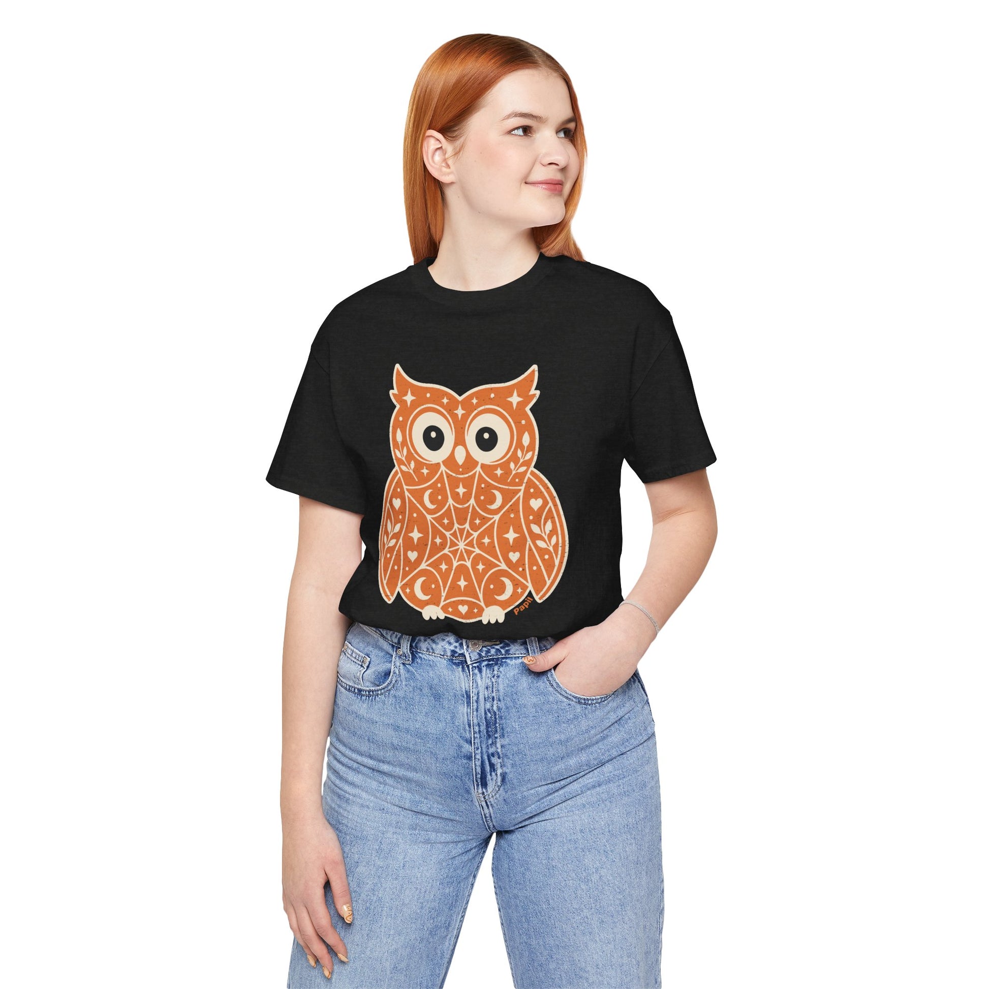 Enchanted Owl Halloween Tee, Whimsical Woodland Graphic (Orange)