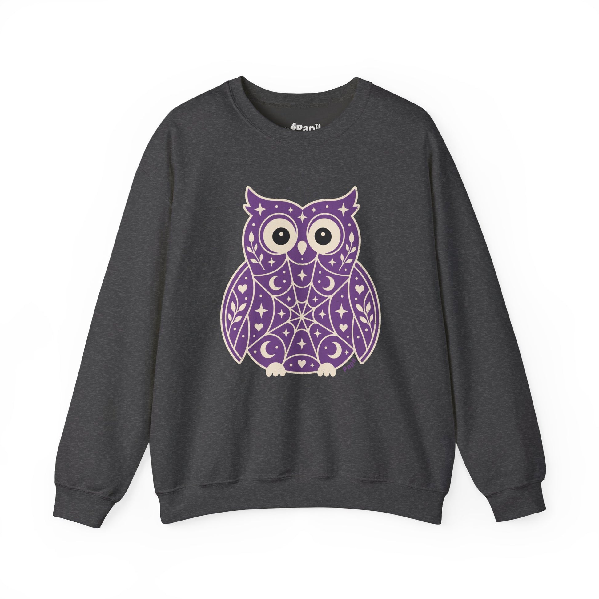 Wise & Whimsical — Folk Owl Cosy Crewneck Sweatshirt Dark Heather