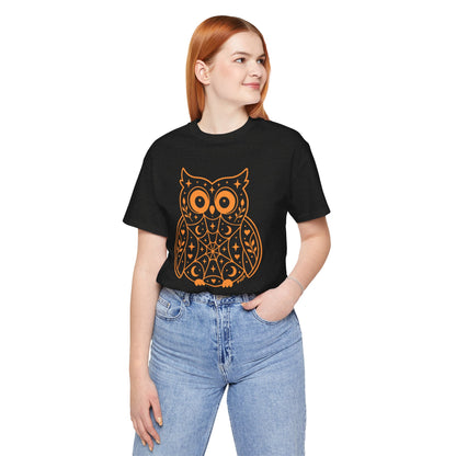 Enchanted Owl Halloween Tee, Whimsical Woodland Graphic (Black)