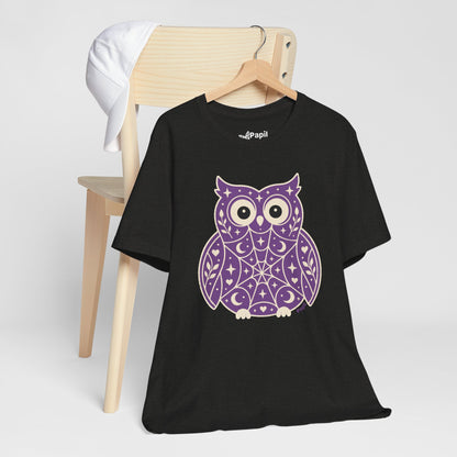Enchanted Owl Halloween Tee, Whimsical Woodland Graphic (Purple)
