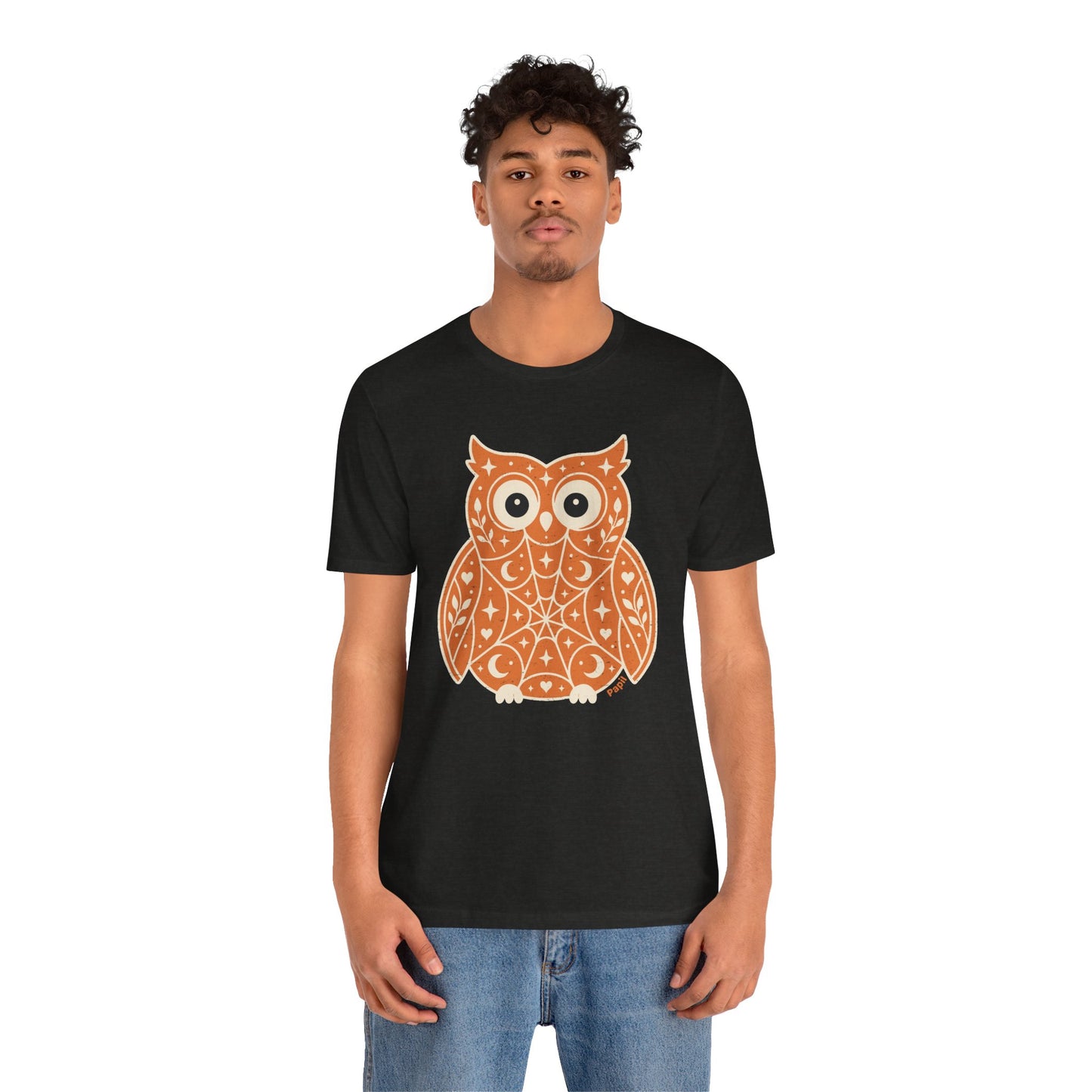 Enchanted Owl Halloween Tee, Whimsical Woodland Graphic (Orange)