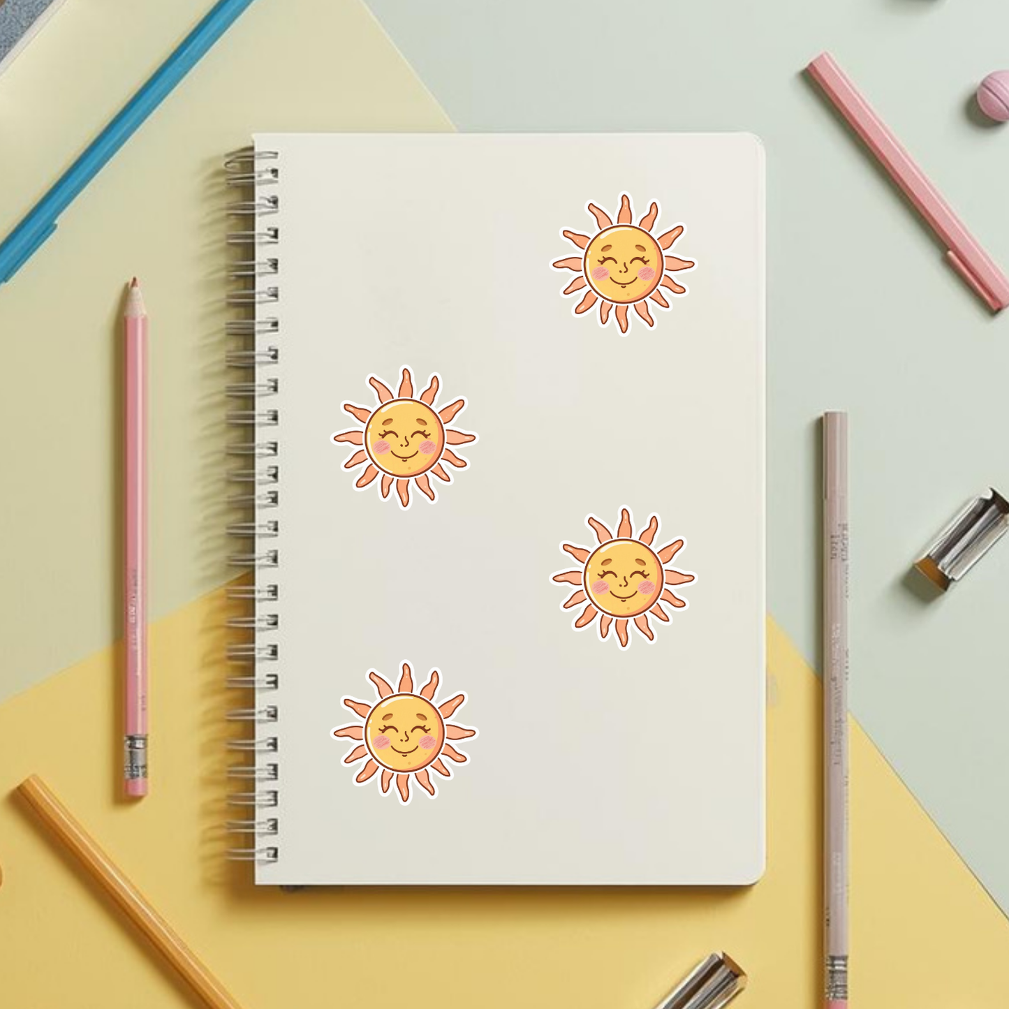 Smiling Sun Retro Face | Kawaii | White Satin Vinyl | Kiss-Cut Sticker
