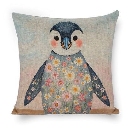 Floral Penguin Whimsical Illustration Cushion Cover — US-Made, Single-Sided Print, 45×45cm