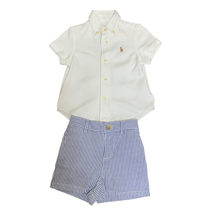 Ralph Lauren Baby Boys 2-Piece Set White Shirt & Blue Stripe Shorts | Size 9M