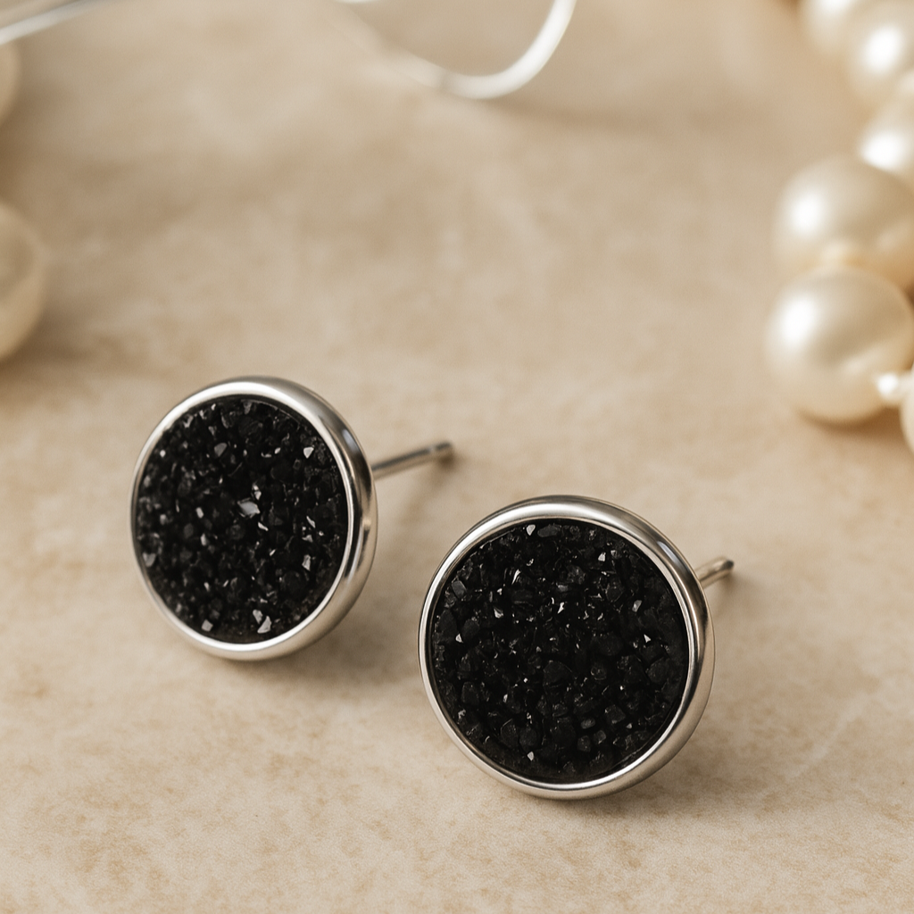 Black Cluster Resin Stud Earrings – 13mm Handmade on Rhodium Plated Base