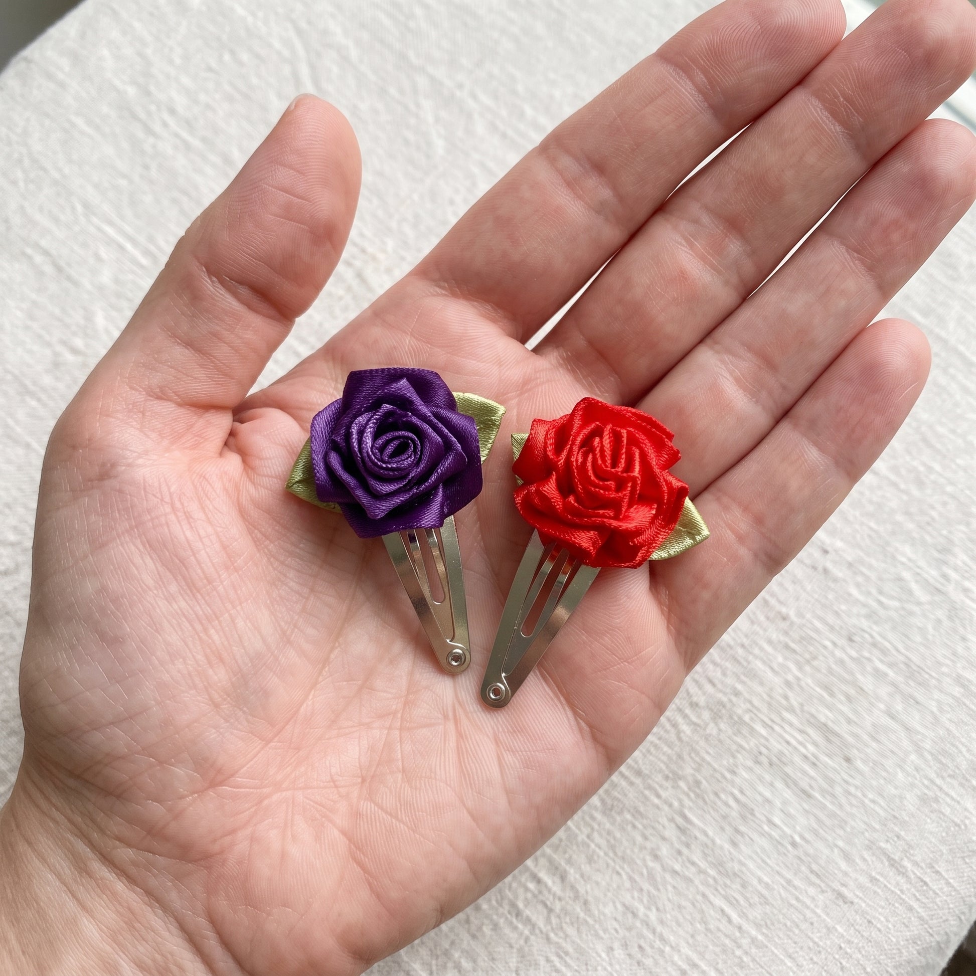 Flower Hair Clips (Set of 2), Handmade Ribbon Rose Snap Clips