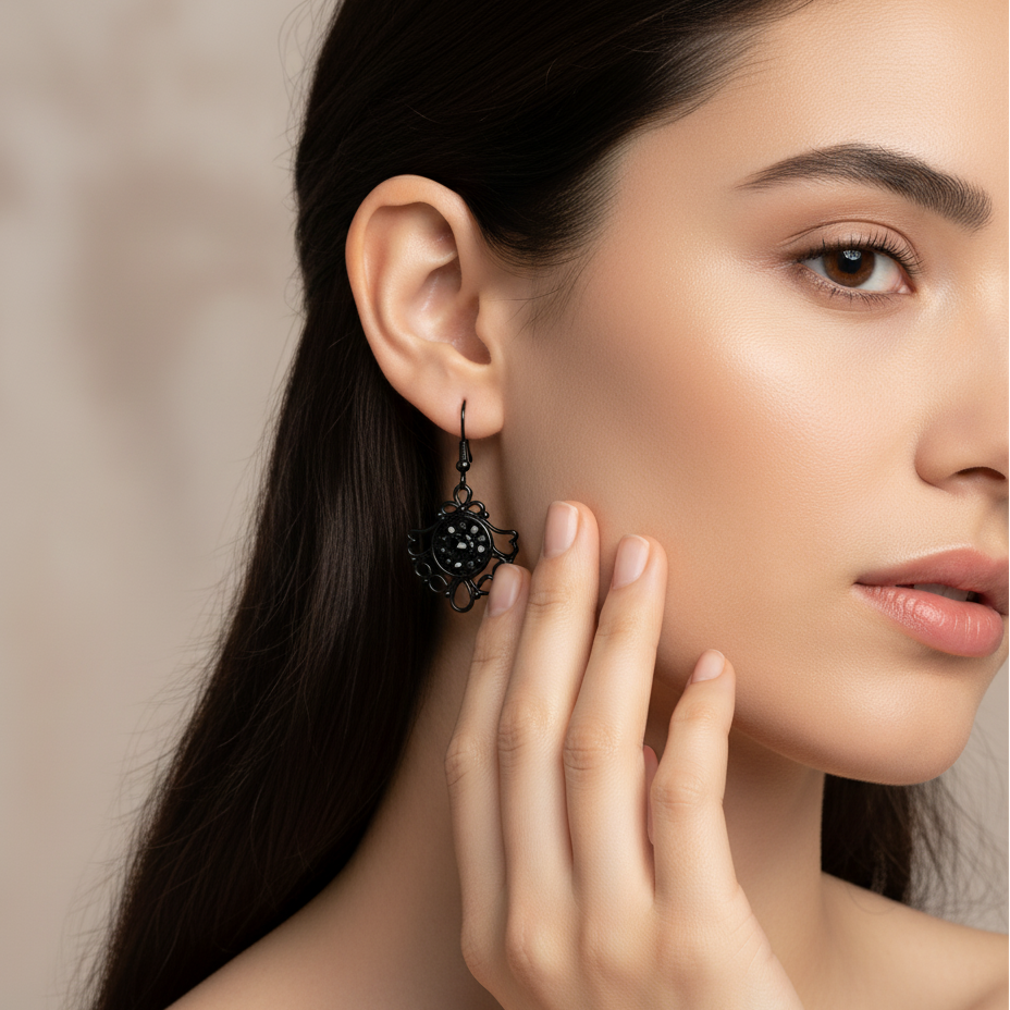 Black Filigree Dangle Earrings – Sparkly Centre, Lightweight Drop