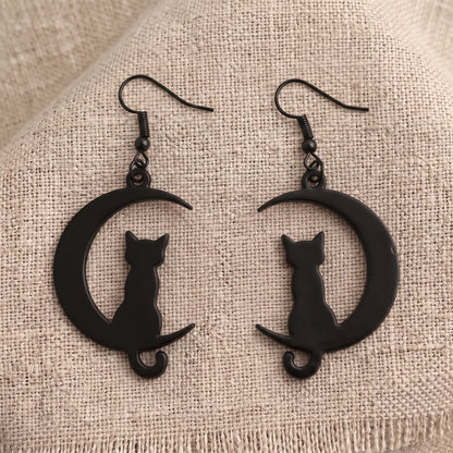 Cat on the Moon Dangle Drop Earrings | Halloween Earrings