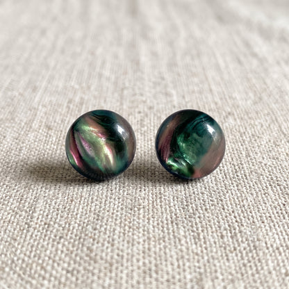 Aurora Borealis Swirl Studs, Handmade Iridescent Dome Earrings