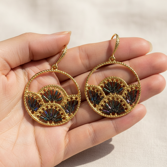 Woven Fan Drop Earrings, Handmade Black Seed Bead Statement Piece