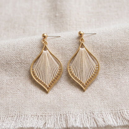 Woven Teardrop Earrings, Handmade Gold Alloy Drops White