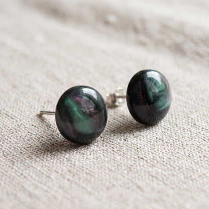 Aurora Borealis Swirl Studs, Handmade Iridescent Dome Earrings
