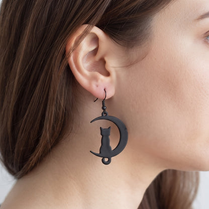 Cat on the Moon Dangle Drop Earrings | Halloween Earrings