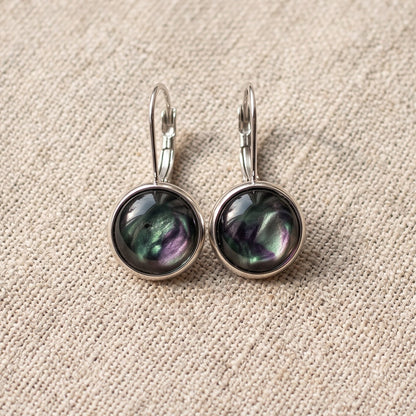 Cosmic Sparkle Drop Earrings, Handmade Iridescent Black Shimmer Studs