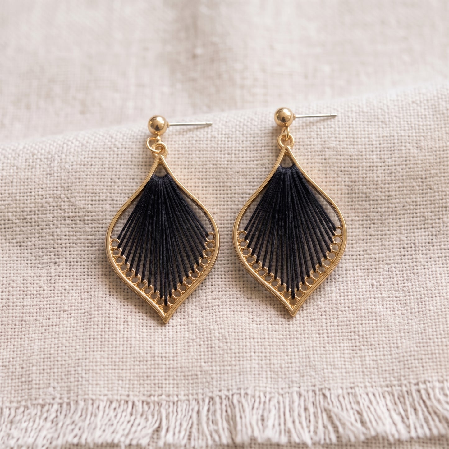 Woven Teardrop Earrings, Handmade Gold Alloy Drops Black