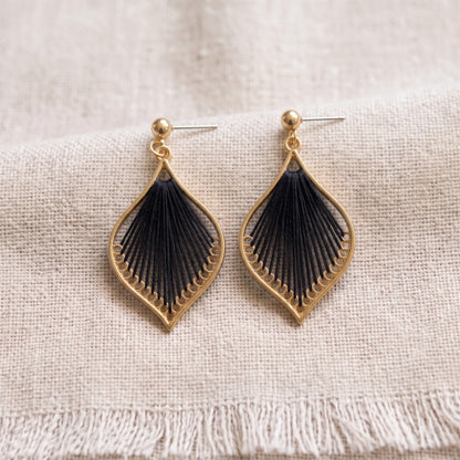 Woven Teardrop Earrings, Handmade Gold Alloy Drops Black
