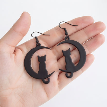 Cat on the Moon Dangle Drop Earrings | Halloween Earrings