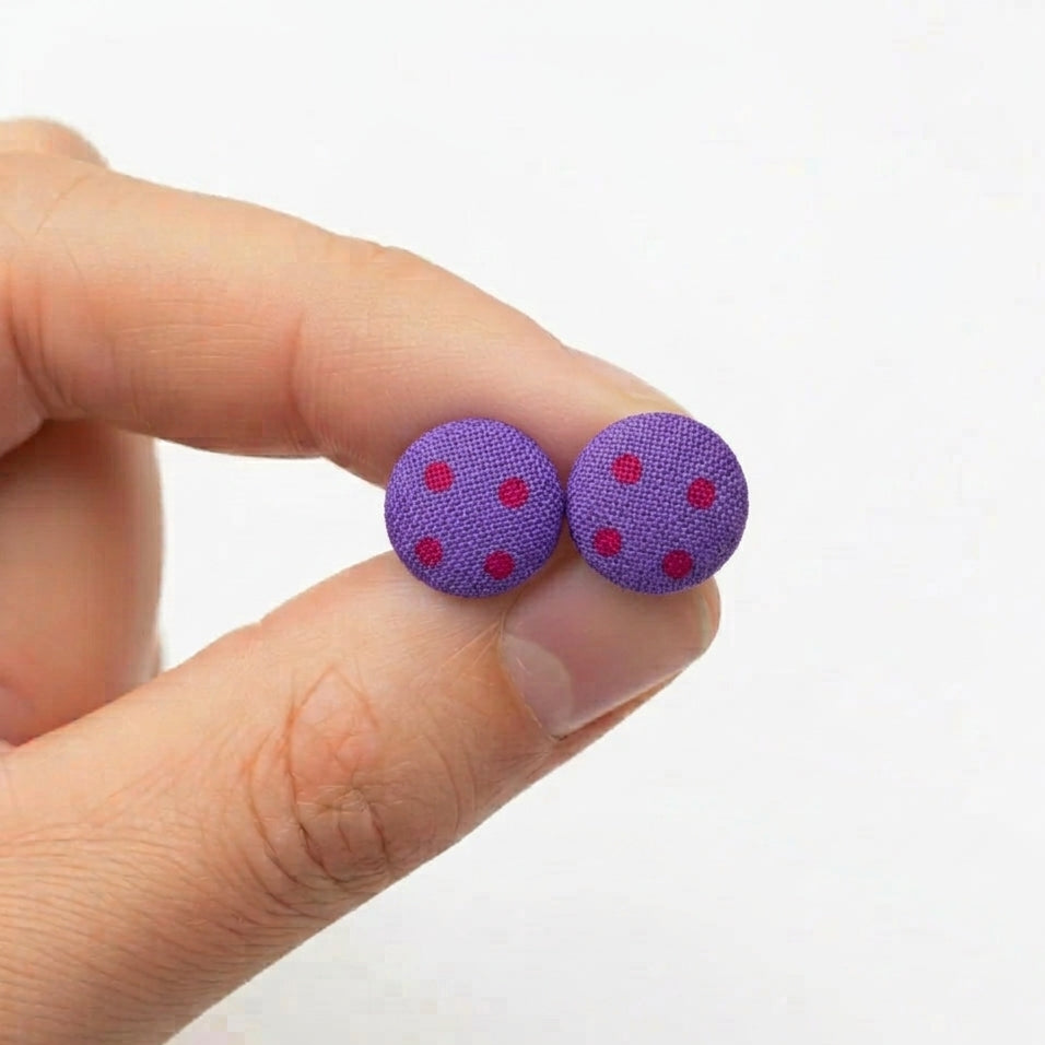 Polka Dot Fabric Button Stud Earrings, Handmade Colourful Studs