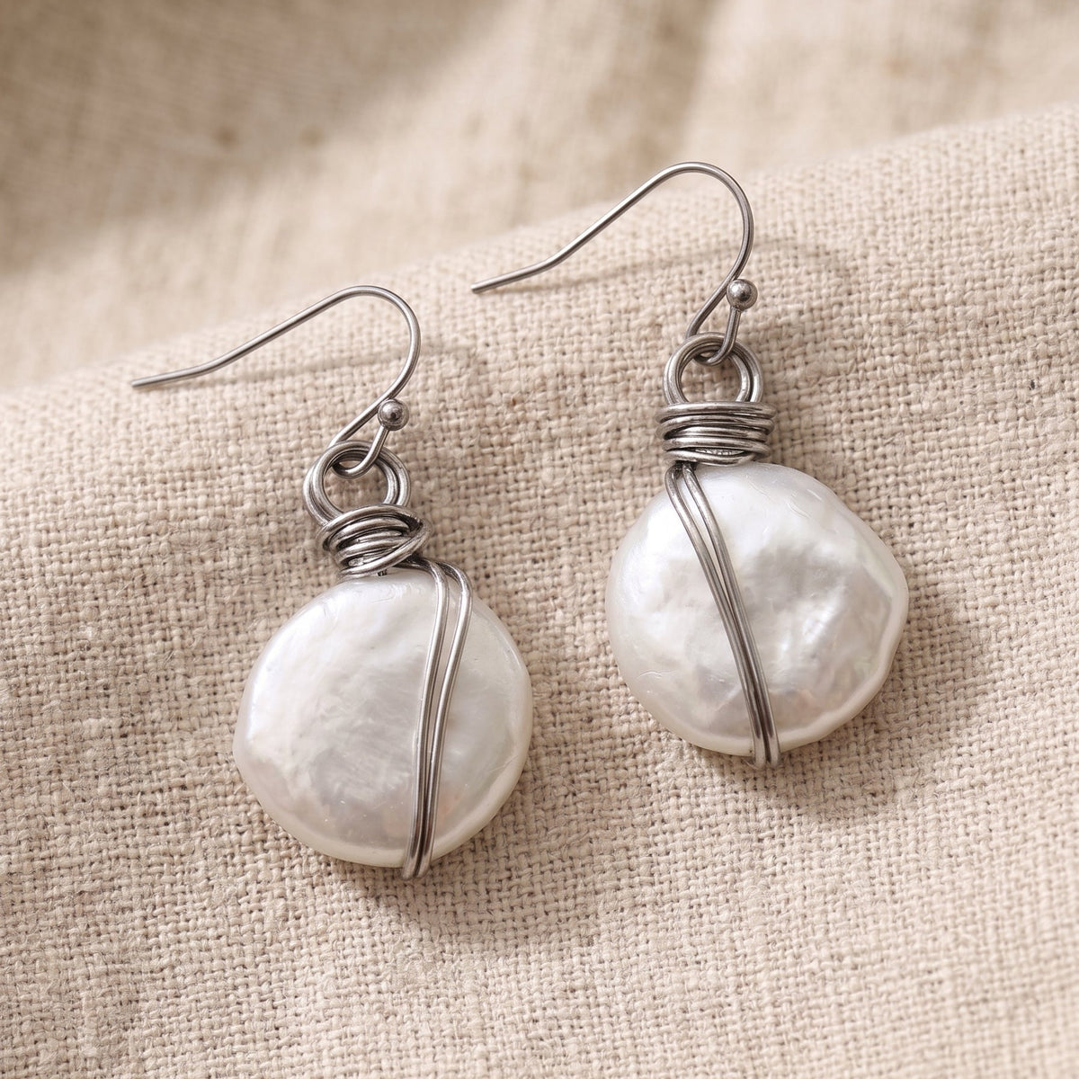 Wire-Wrapped Coin Pearl Drop Earrings – Natural Freshwater Pearl, Handmade