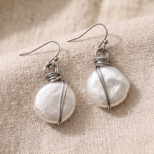 Wire-Wrapped Coin Pearl Drop Earrings – Natural Freshwater Pearl, Handmade