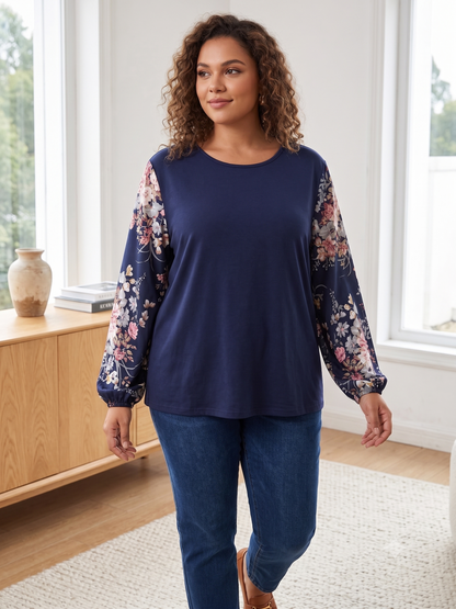 Emery Rose Women's 2XL Navy Bubble Sleeve Top Floral NWOT